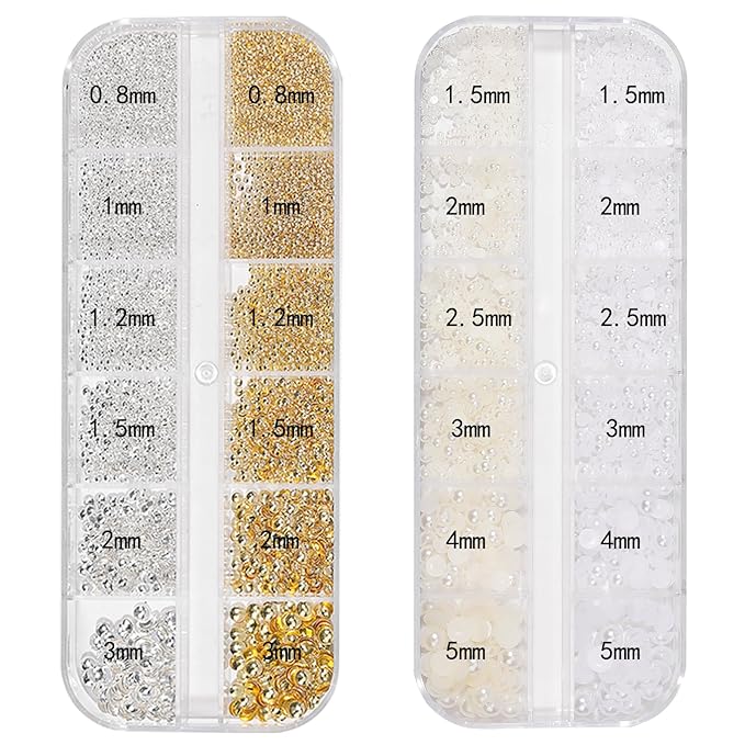 HNUIX Nail Art Charms - Metal Silver & Gold Beads, Flat Back Round Rhinestones, Small Nail Pearls, 3D Mixed Sizes Decorations for Nails