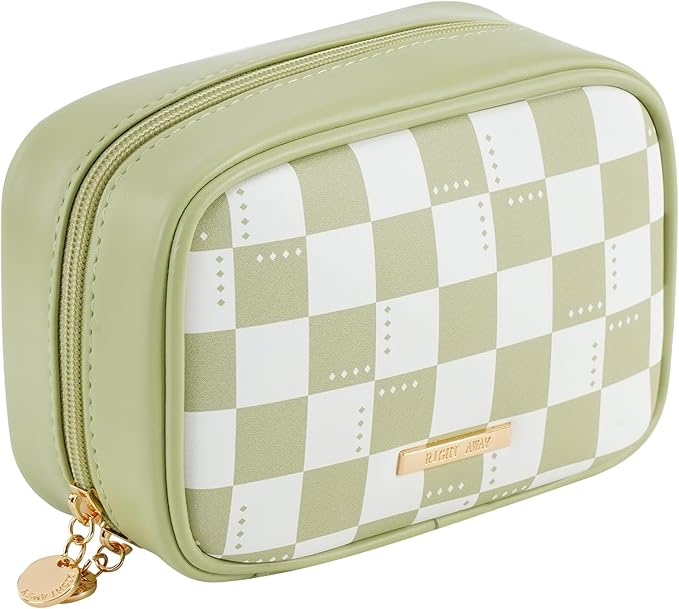 RIGHT AWAY Checkered Makeup Bag for Purse,Small Cosmetic Bag Organizer for Women, Travel Make Up Pouch Waterproof Toiletry Bag Cute Makeup Case for Travel Accessories(Green Checkerboard)
