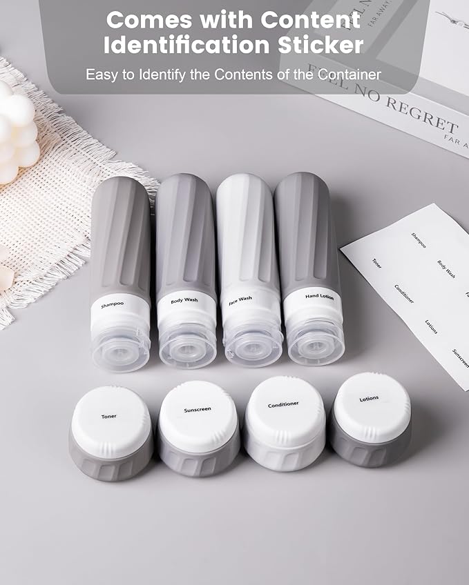Travel Bottles for Toiletries 8 Pack, Travel Size Toiletries, Tsa Approved Travel Size Containers 3oz, with Travel Essentials Clear Bag, Leak Proof Silicone Squeezable Creams Jars