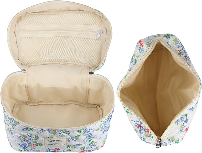 VIWIME Makeup Cosmetic Bag, Large Cotton Quilted Travel Coquette Aesthetic Cute Floral Make up Bag for Women Toiletry Bag Organizer(Red&Green Flower/2Pcs)