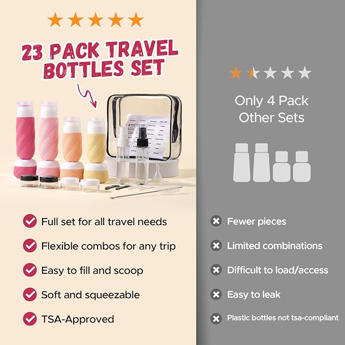 23 Pack TSA Approved Travel Bottles for Toiletries, Leak Proof Refillable Travel Size Containers Kit with Silicone Squeezable Bottles Jars for Shampoo Lotion Conditioner, in Clear Bag, Pink