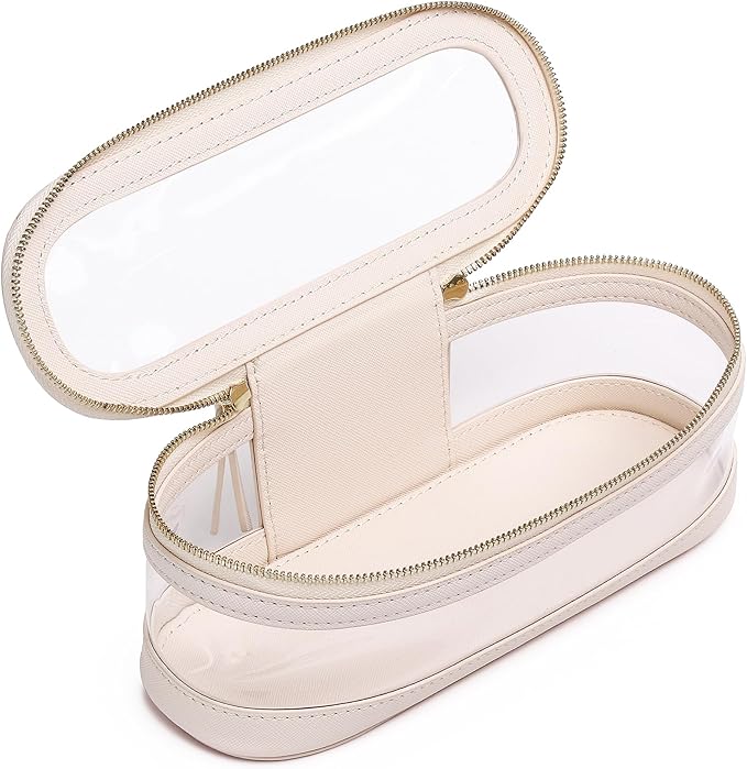 Pinkmik Makeup Brush Case Clear Travel Cosmetic & Toiletry Bag Slim Makeup Bag with Zipper Small Purse Organizer Car Essential Bag for Women (Beige, SLIM-2)