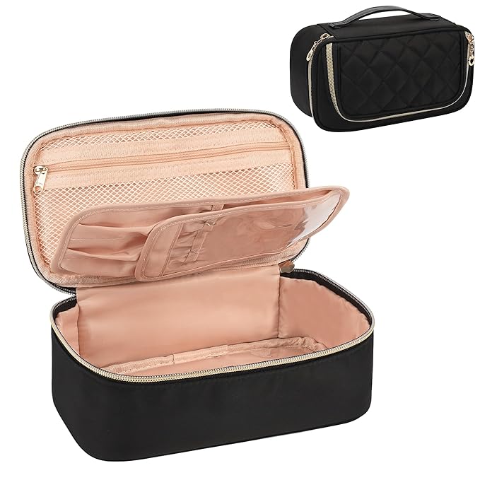 OCHEAL Small Makeup Bag with Zipper Pouch,Portable Cute Travel Makeup Bag Pouch for Women Girls Makeup Brush Organizer Cosmetics Bags with Compartment-Nylon Black