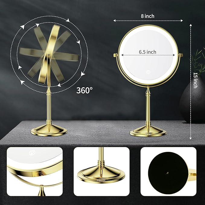 DOWRY Rechargeable Lighted Makeup Mirror 10x Magnification Vanity Mirror Tabletop Two-Sided Swivel Gold Finish