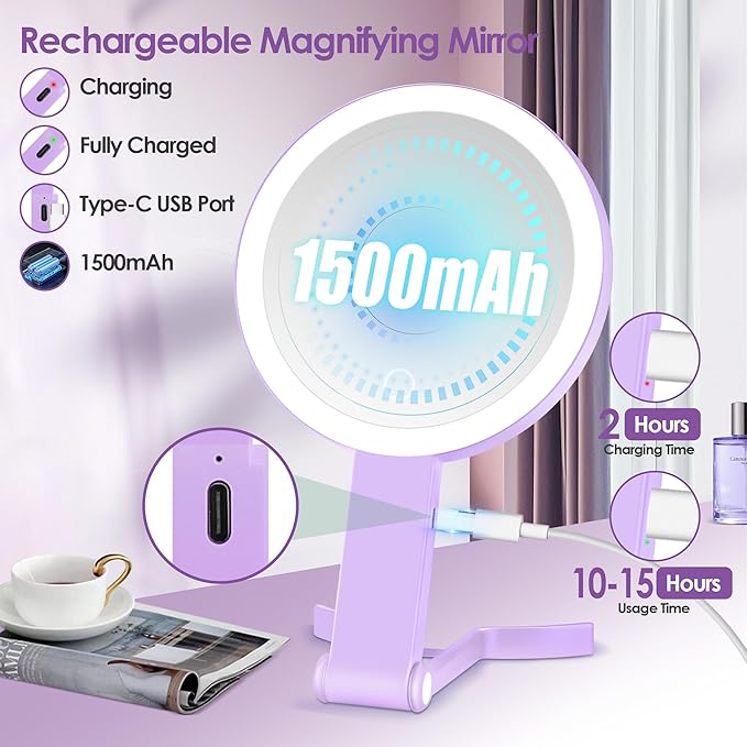 MIYADIVA Magnifying Mirror with Light, Double Sided 30X/1X Lighted Travel Makeup Mirror with Magnification, 3 Color Lighting, Dimmable Touch Screen, Adjustable & Foldable Hand Mirror (Purple)