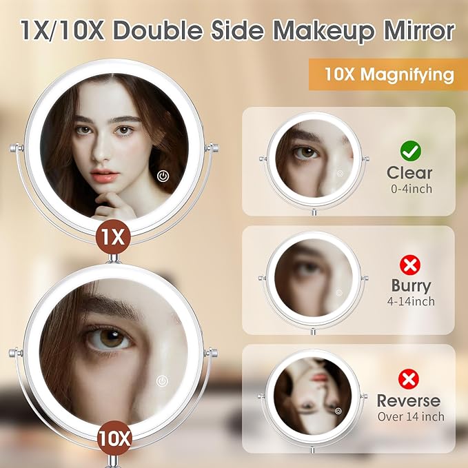 MILPROX 8 Inch Makeup Mirror with 10X Magnification & 3 Color Lights, Adjustable Brightness & Height, Rechargeable Double Sided 1X 10X Magnifying Mirror, Lighted Makeup Mirror Touch Sensor - Silver