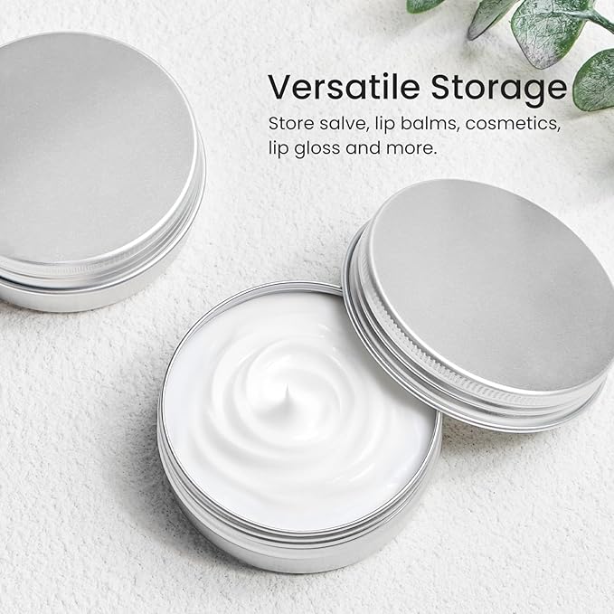 TUZAZO 12Pack 2 Oz Aluminum Tin Cans with Screw Lid and Labels, Refillable Travel Sized Cosmetic Containers Small Tins for Salves, Lotion Bars, Beard Balms, Candles