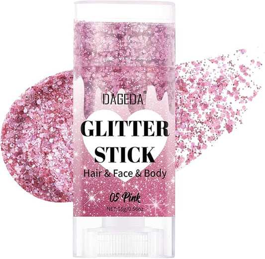 DAGEDA Pink Body Glitter Stick,Sparkly Face Glitter Makeup,Holographic Hair Glitters Mermaid Makeup Rave Outfits for Women, Shimmer Face Paint Stick Singer Concert Accessories