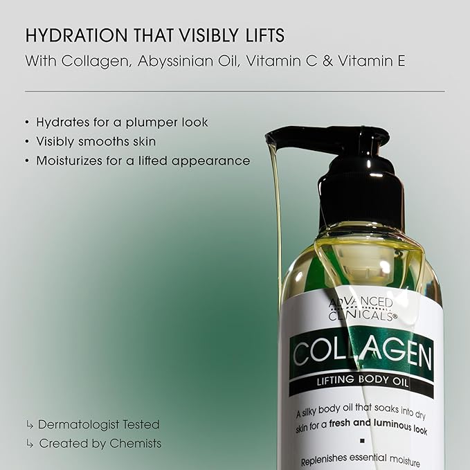 Advanced Clinicals Hydrating Collagen Oil For Body & After Shower | Visible Anti Aging Skincare Moisturizer Collagen Body Oils For Women & Men Helps Soften Appearance Of Crepey Skin, Large 12 Fl Oz