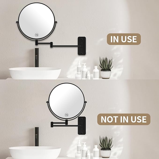 8” Wall Mounted Magnifying Makeup Mirror 1X/7X Wall Mount Mirror Swing Arm Two-Sided 360° Swivel Bathroom Shaving Mirror for Men and Women in Hotel/Home, Black