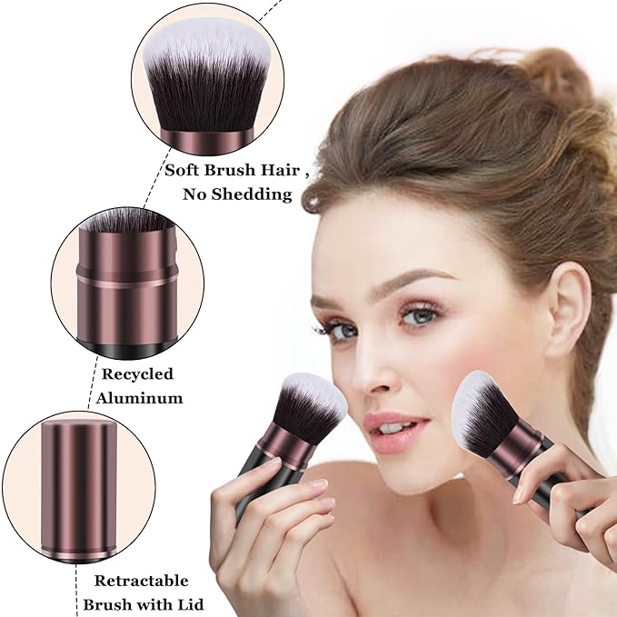 Retractable Kabuki Makeup Brush, 2 Pack Travel Powder Foundation Makeup Brush Face Blush Brushes for Blending Liquid, Blush, Bronzer, Buffing, Sunscreen,Flawless Cosmetics