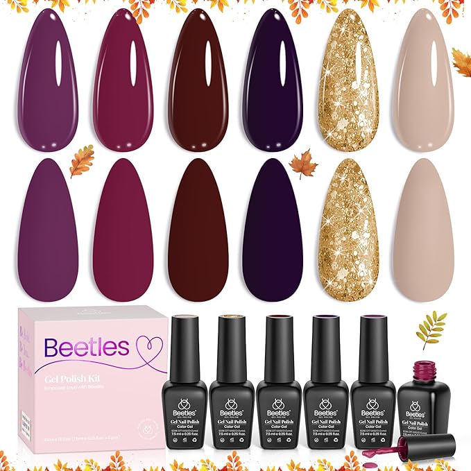 Beetles Gel Nail Polish Set – 6PCS Fall Winter Burgundy Purple Glitter Nude Plum Gold Gel Nail Polish Kit Soak Off UV LED Terra Dusk Colors DIY Home Salon Gift for Women