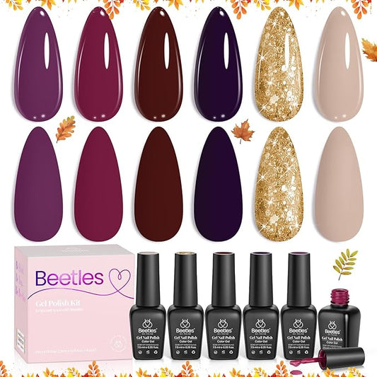 Beetles Gel Nail Polish Set – 6PCS Fall Winter Burgundy Purple Glitter Nude Plum Gold Gel Nail Polish Kit Soak Off UV LED Terra Dusk Colors DIY Home Salon Gift for Women