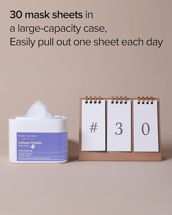 Mary&May Collagen Peptide Vital Mask | 30 Sheets | Daily Korean Face Mask | Firming & Wrinkle Care | Pore Minimizing & Elasticity Boost | Collagen & 6 Peptides for Glass Skin