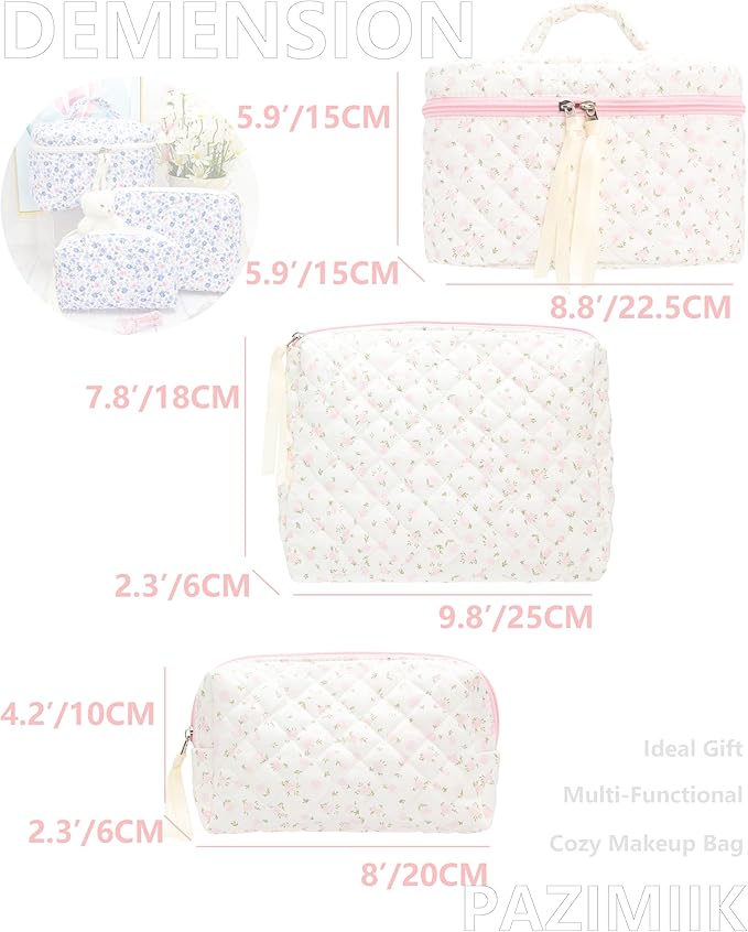 3PCS Makeup Bag SET Large Travel Quilted Zipper Soft Cosmetic Case Pouch for Women Girls Make Up,Little Flower Pink
