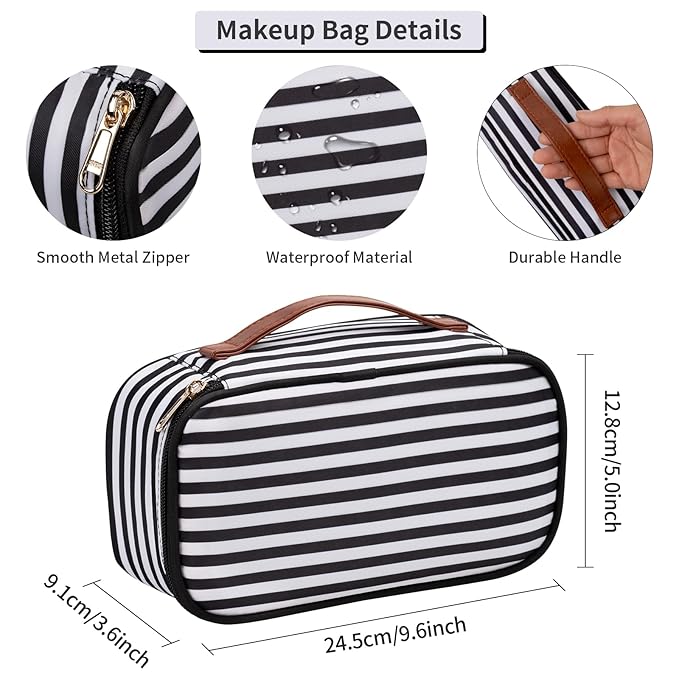 OCHEAL Small Cosmetic Bag,Portable Cute Travel Makeup Bag for Women and girls Makeup Brush Organizer cosmetics Pouch Bags-Black/White Stripes