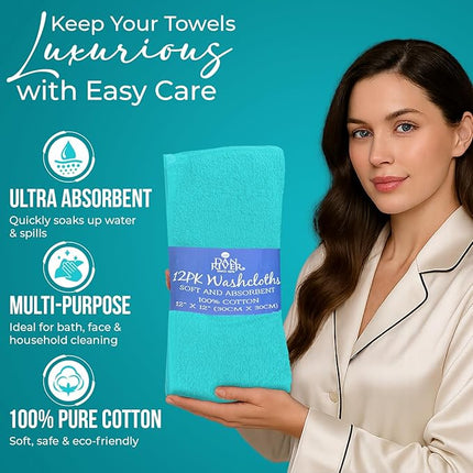 DAN RIVER 12 Pack Wash Cloths for Showering [12x12] - 100% Cotton Washcloths Premium Quality Flannel Face Cloths for Bathroom, Highly Absorbent and Soft Feel Wash Clothes, Aqua
