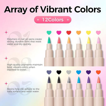 GELLAKTIK 12 Colors Nail Art Pens Set, 3D Nail Polish Pens Quick-Drying Acrylic Paint Markers, Dotting Liner Brush for DIY Nail Design, Home & Salon Manicure Tools