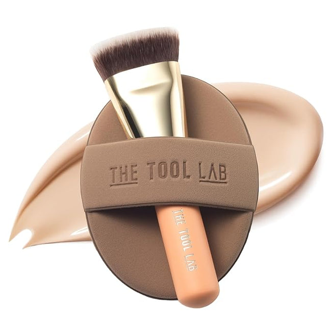 THE TOOL LAB All Day Fitting Duo (Glow type) - Premium Base Makeup Set for Liquid Cream Powder Foundation, Buffing Blending Face Brush, Sponge, Portable Case - 1.1" Flat Top Brush