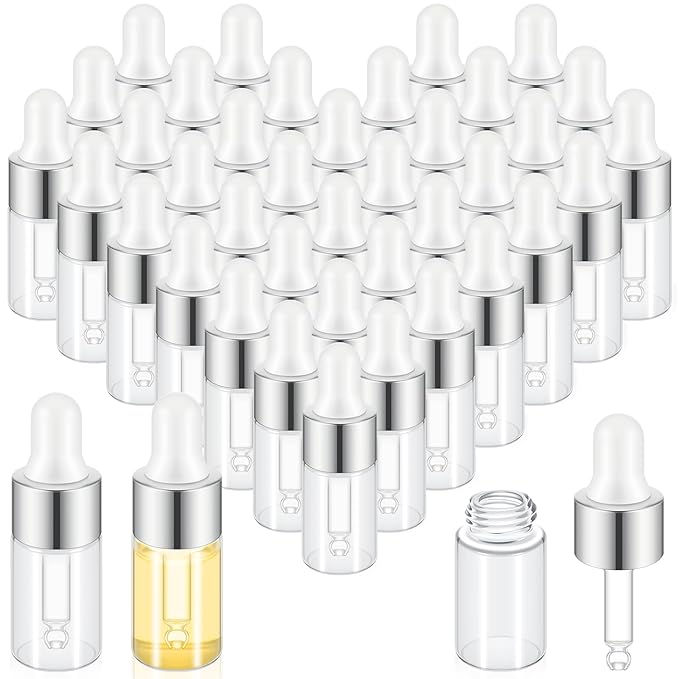 200 Pcs Mini Glass Oil Dropper Bottle Bulk, Clear Essential Small Empty Bottles Sample Containers Perfume Liquid Vials with Cap for Traveling (3 ml,Silver)