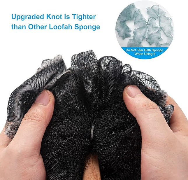 AmazerBath Shower Sponge Loofah Back Scrubber, PE Soft Mesh Loofah Body Scrubber with Long Wooden Handle, Bath Sponge for Men Women (Black)