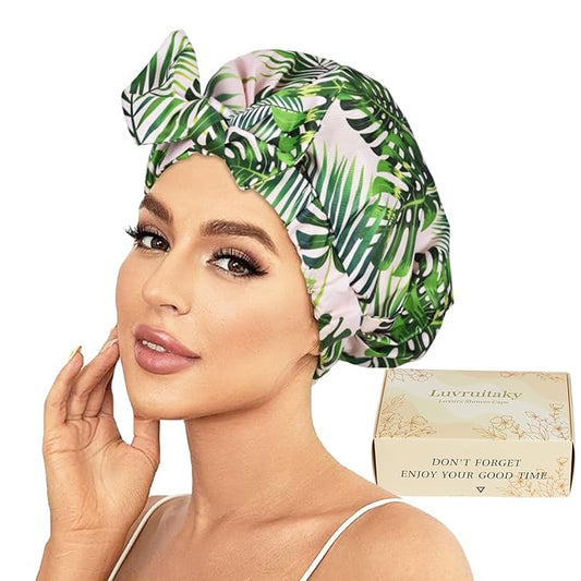 Shower Cap Luxury Shower Caps for Women Reusable Waterproof Hair Cap for Shower with Adjustable Bowknot Hair Bath Cap (Green Palm)