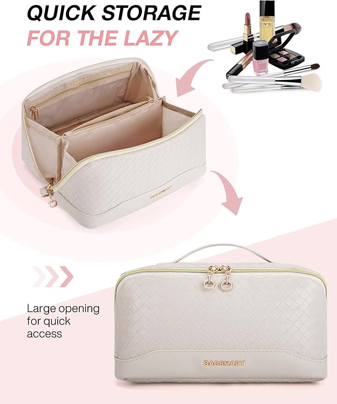 BAGSMART Makeup Bag, Travel Cosmetic Bag Organizer, PU Leather Water-Resistant Pouch, Open Flat Makeup Storage for Toiletries, Brushes, PU Leather Beige
