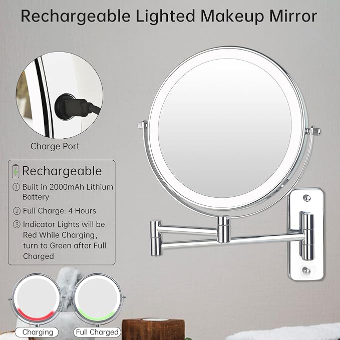 JANEEVA 8" Wall Mounted Lighted Makeup Mirror,Rechargeable Double Sided 1X/10X Magnifying Mirror with 3 Color Lights,Touch Dimmable Bathroom Vanity Mirror with 360°Swivel Extendable Arm Chrome