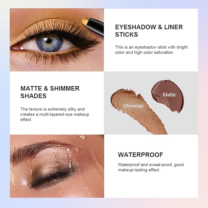 Eyeshadow Stick, Shimmer and Matte Cream Eye Shadow Brightener Sticks Eyeliner Pencil Crayon, Waterproof Long Lasting Eye Highlighter Stick Makeup,0.056 Oz(2PCS #8-Fancy+#9-Champagne)