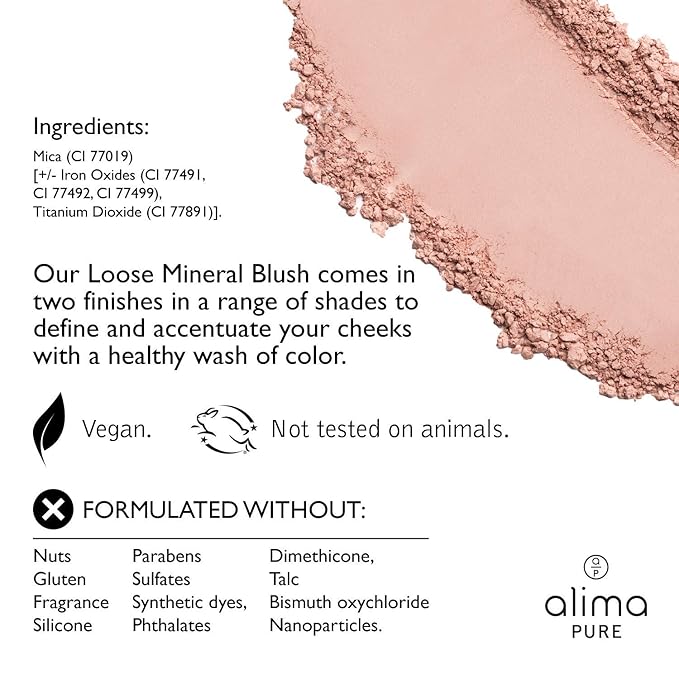 Alima Pure Loose Mineral Blush - Powder Makeup for Cheeks, Satin Matte Finish, Pink, Talc Free, Vegan .15 oz/ 4.5 g