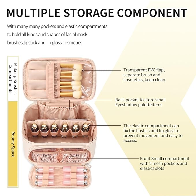 OCHEAL Makeup Bag, Multifunctional Make Up Bags Large Compact Makeup Bag Organizer Cosmetics Toiletry Brushes Storage Case for Women Girls Makeup Case with Handle Divider- Beige