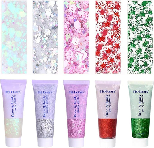 Face Body Glitter, Hair Glitter Sparkles Chunky Face Glitter Gel for Girls Makeup Singer Concerts Mermaid Festival Sequins Face Paint (White+Silver+Pink+Red+Green)