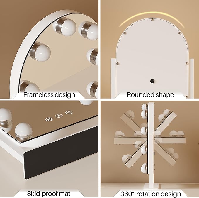 ZL ZELing Makeup Mirror with Lights, Vanity Mirror with Lights, Lighted Makeup Mirror, 3 Color Modes, Dimmable Light,360° Rotation