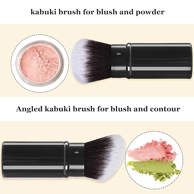Retractable Makeup Brush, 2 Pack Kabuki Travel Powder Foundation Makeup Brush Face Blush Brushes for Blending Liquid, Blush, Bronzer, Buffing, Sunscreen,Flawless Cosmetics