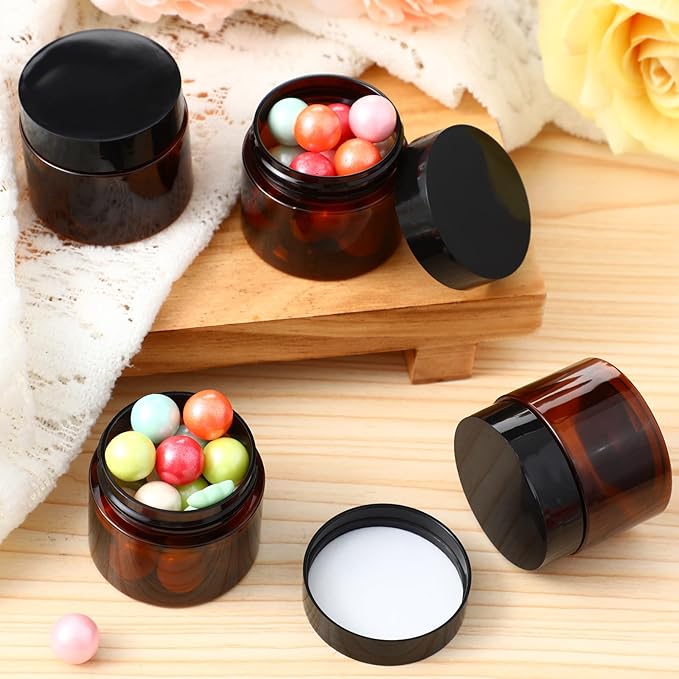 Patelai 4 Pieces Round Wide-mouth Leak Proof Plastic Container Jars with Lids for Travel Storage Makeup Beauty Products Face Creams Oils Salves Ointments DIY Making(2 Ounce,Amber)
