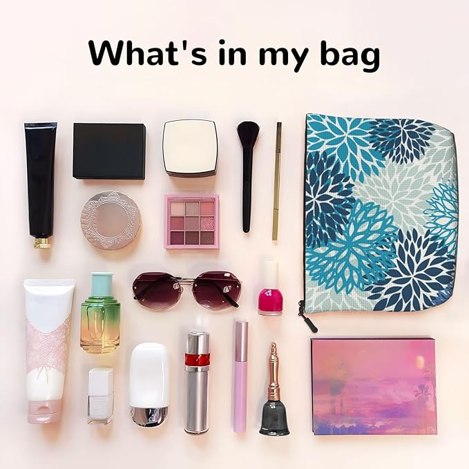 MOLAIGIN Medallion Dahlia Pinnata Floral Bobo Blue Pink Turquoise Grey Cosmetic Bag For Women, Travel Makeup Bag, Toiletry Zipper Bag, Large Capacity Aesthetic Cases