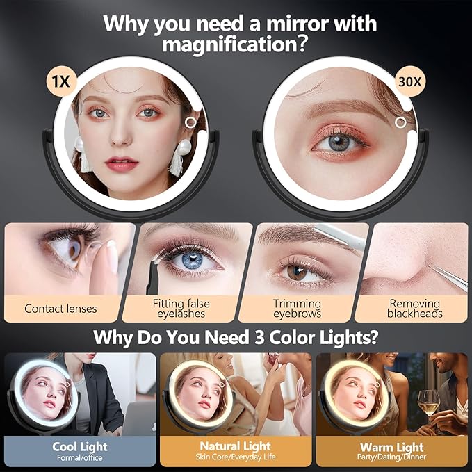 MIYADIVA Makeup Mirror with Lights, 30X Magnifying Mirror with Light and Touch Switch, Vanity Mirror with 3 Color Light and 80 LEDs, Height Adjustable Desk Mirror with Lights, Black