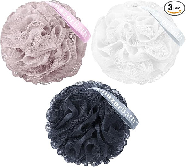 AmazerBath Loofah Sponge 60g/PCS, Shower Loofah for Men and Women - Body Scrubber Loofa Set of 3, Bath Sponge - Grey Blue-Pink-White