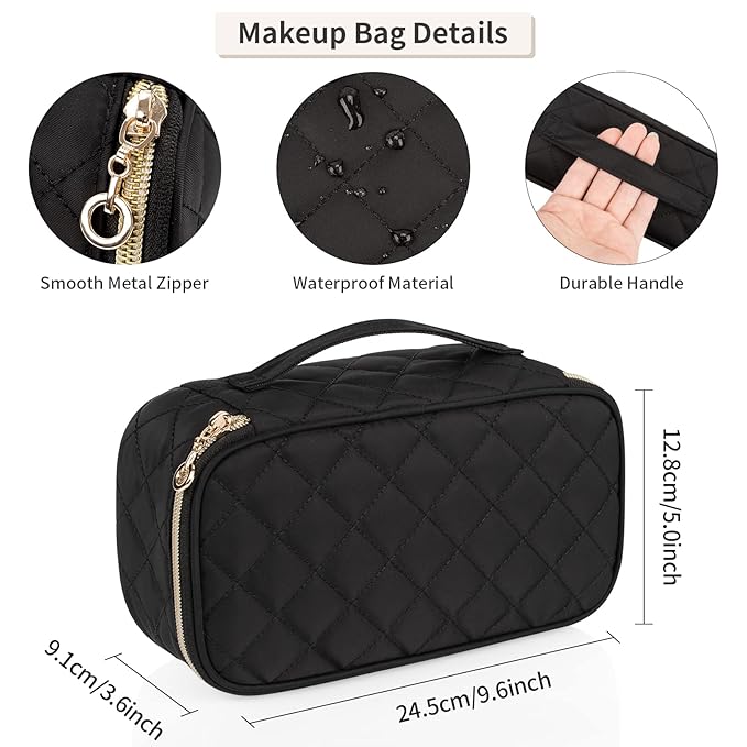 OCHEAL Small Makeup Bag,Portable Cute Travel Makeup Bag Pouch for Women Girls Makeup Brush Organizer Cosmetics Bags with Compartment-Nylon Black