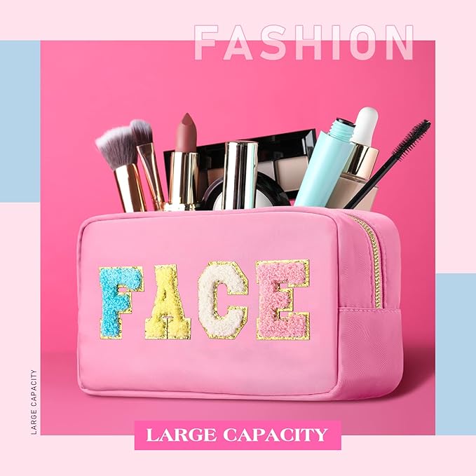 Cunno 4 Pcs Preppy Makeup Bags Chenille Letter Stuff Bag Nylon Cosmetic Pouch Cases with Zipper for Women Travel Toiletry