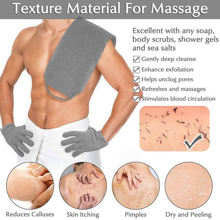 Anezus Exfoliating Back Scrubber Bath Gloves Set, Exfoliating Shower Towel with Shower Gloves for Body Scrub, Back Cleaner Wash Gloves to Remove Dead Skin (Grey)