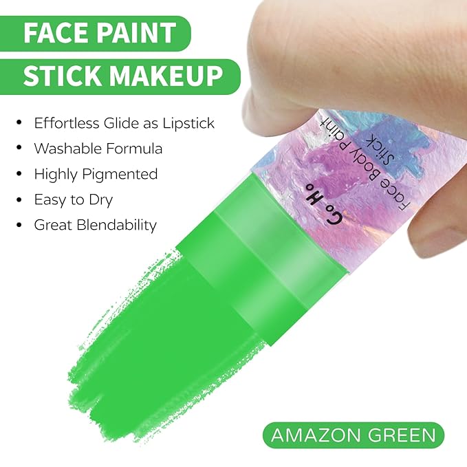 Go Ho Water Based Amazon Green Face Body Paint Stick,Non-Toxic Face Painting,Easy-to-use Facepaint for Halloween Costumes Cosplay SFX Hulk Gamora Witch Makeup,0.63oz