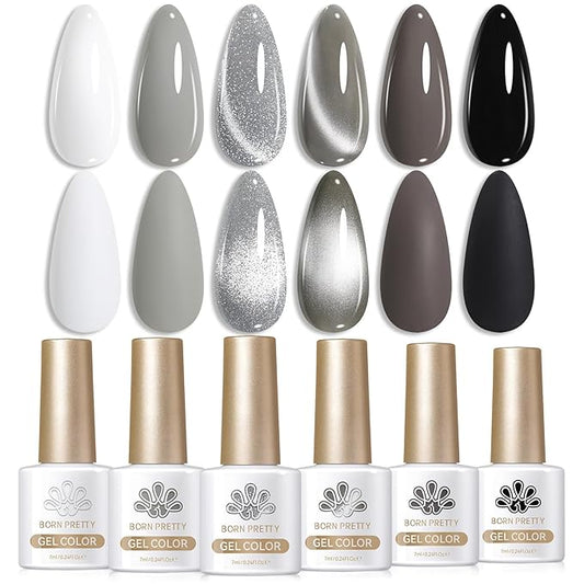 BORN PRETTY Gel Nail Polish 6 Colors - White Gray Black Colors Glitter Cat Magnetic Eye Gel Polish Kit Soak Off Nail Art Manicure DIY Design Collection for Home and Salon