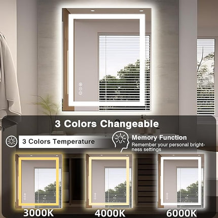 32"x36" LED Bathroom Mirror, Front and Backlit Mirror, Anti-Fog Vanity Mirror with Lights, Stepless Dimmable Illuminated, 3 Colors Smart Mirror (Horizontal/Vertical)