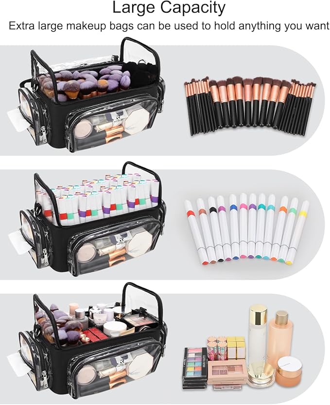 Makeup Brush Case, Clear Extra Large Cosmetic Organizer Holder Professional Makeup Artist Train Case with Adjustable Dividers&Strap Portable Makeup Brush Holder (02A-Black（XX Large）)