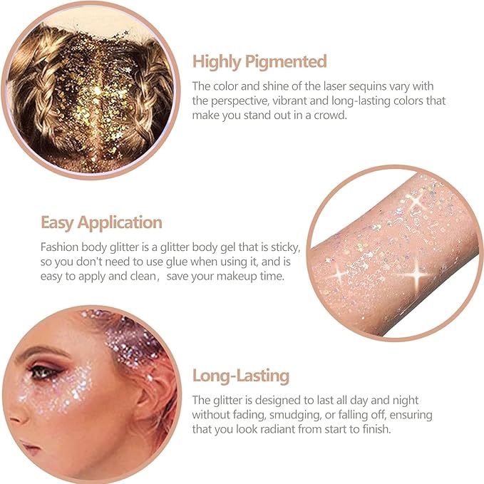 Gold Face Body Glitter Stick, Rotating Mermaid Face Glitter Stick, Holographic Chunky Glitters for Face/Body/Hair/Eye/Lip