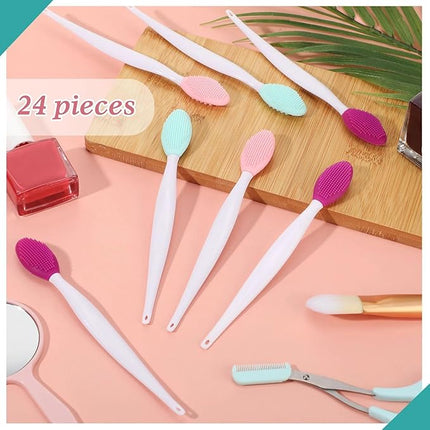 Patelai 24 Pcs Lip Scrub Brush Silicone Lip Scrubber Exfoliator with Container Double Sided Soft Cleansing Brush Tool for Men Women Lightening Dark Lips(Pink, Green, Purple)