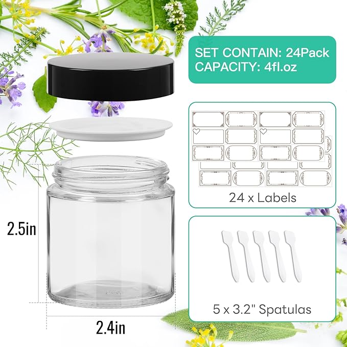 4 oz Clear Round Glass Jars with Black Lids 24 Pack- Portable Empty Glass Containers with Inner Liners for Cosmetic, Food Storage, Body Butters, Body Butter, Candle Jars