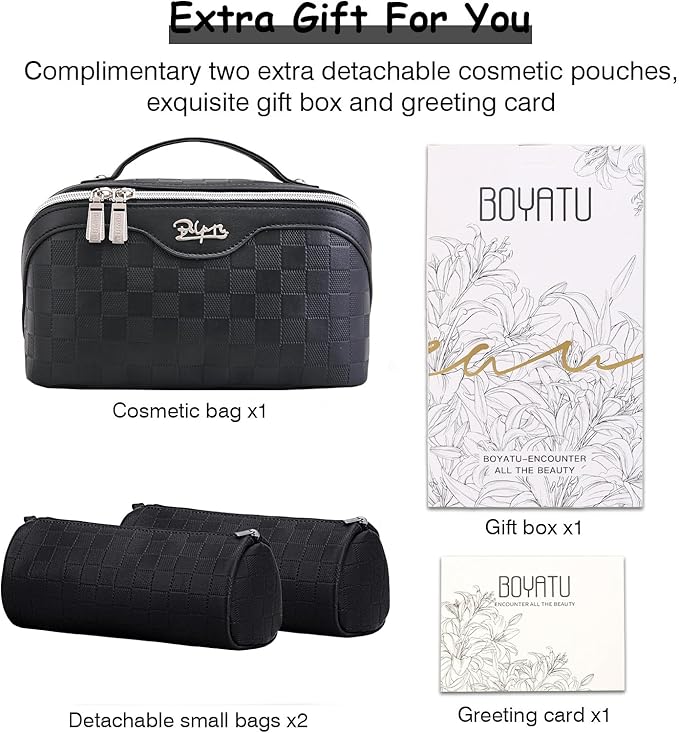 BOYATU Travel Makeup Bags for Women: Vegan Leather Cosmetic Bag Set of 3 - Large Capacity Make up Bag with Divider - Wide Open Waterproof Toiletry Organizer Bag with Handle (L13-Black)