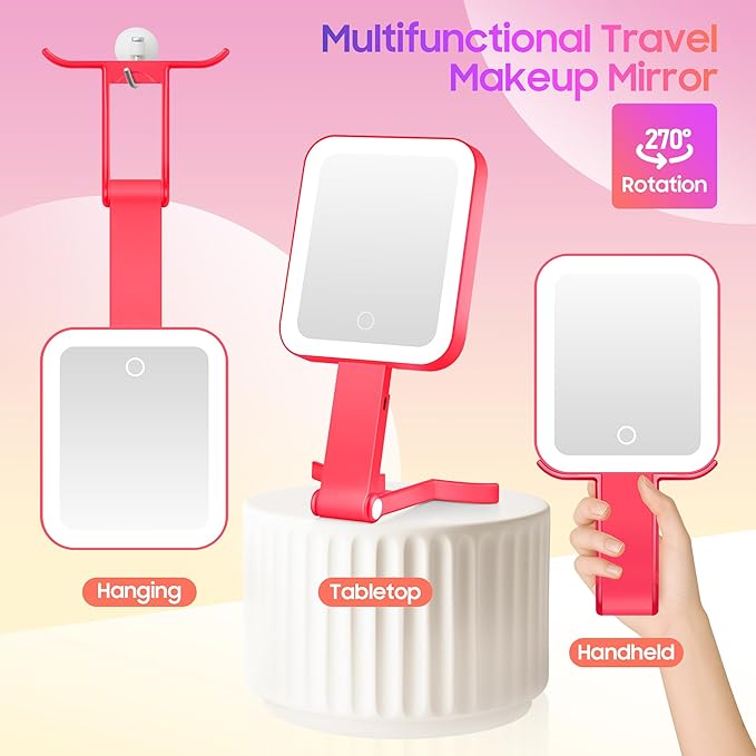 Magnifying Travel Mirror with Light, 30X/1X Double-Sided Magnifying Mirror with 3 Color Lights, Brightness Adjustable, Foldable Handheld Makeup Mirrors Portable for Travel and Desktop Use